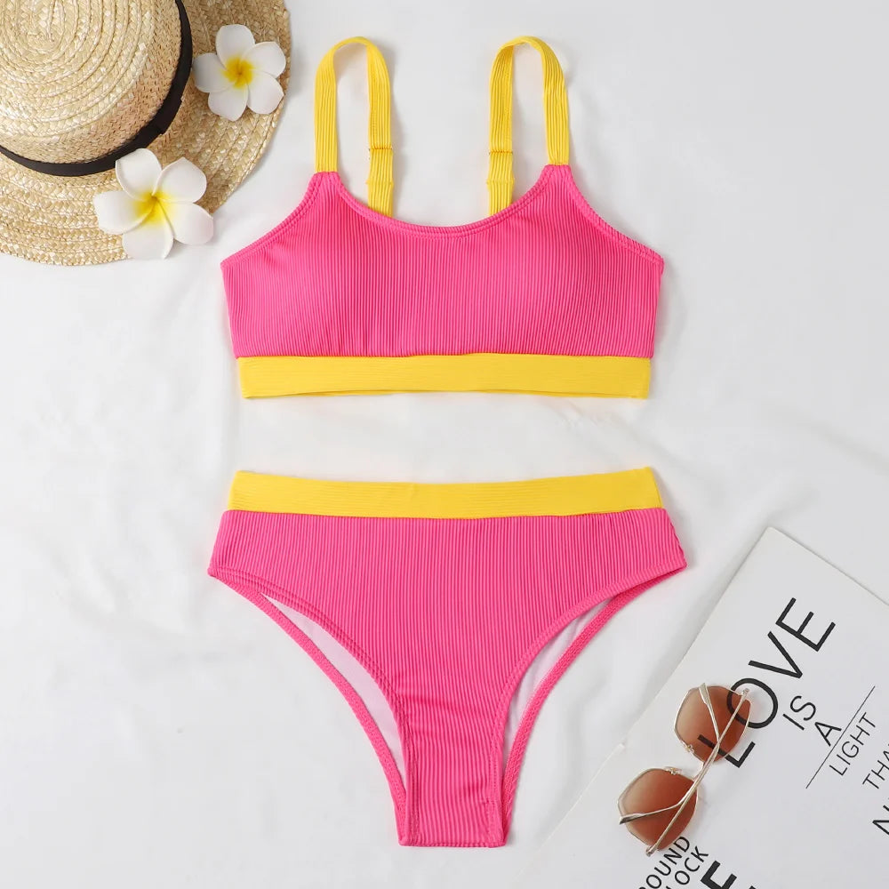 Orange High Waist Bikini Swimsuits Push Up Swimwear Women Splicing Biquini Beachwear Ribbed Bathing Suits Female
