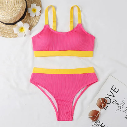 Orange High Waist Bikini Swimsuits Push Up Swimwear Women Splicing Biquini Beachwear Ribbed Bathing Suits Female