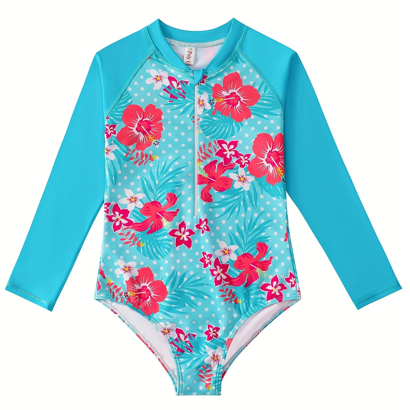 Blue Swimwear Kids Girl Long Sleeve Swimming Suit Tropical Plants Floral Print Swimsuit Bikini-Cut Bottom Hot Summer Beach Water