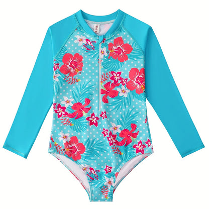 Blue Swimwear Kids Girl Long Sleeve Swimming Suit Tropical Plants Floral Print Swimsuit Bikini-Cut Bottom Hot Summer Beach Water