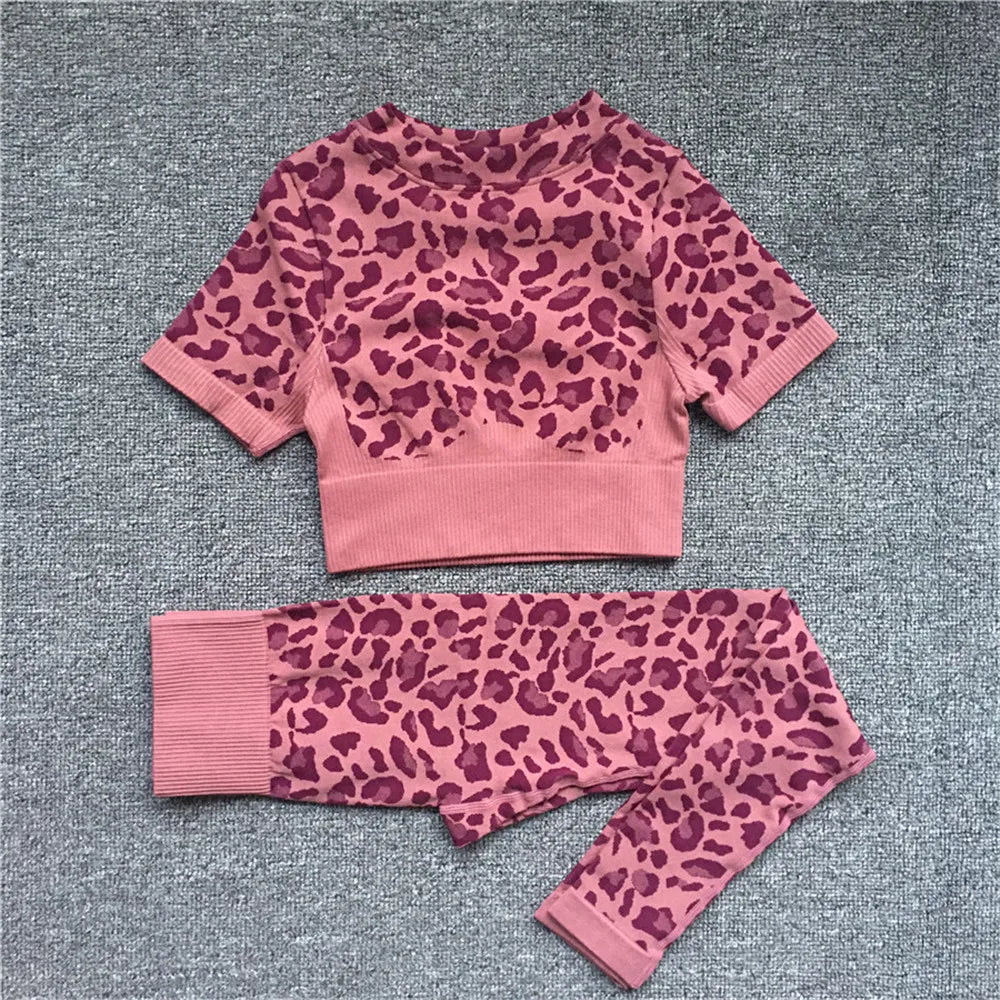 Women Fashion Leopard Printed 2 PCS Yoga Set Gym Shockproof Sports Bras Sport Leggings Running Work Out Training Suit