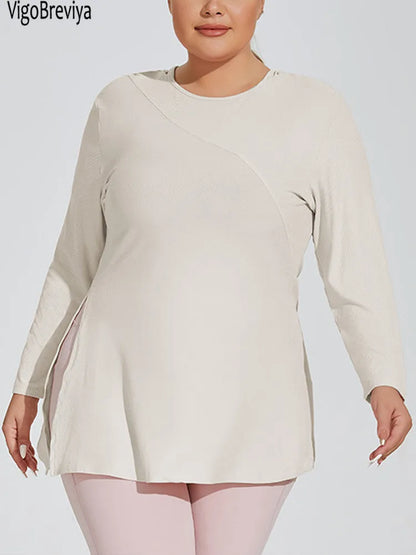 Women  Long Sleeve Plus Size Yoga Top Fitness Big Hooded Sports T-shirts Solid Gym Running Curvy Workout Tops