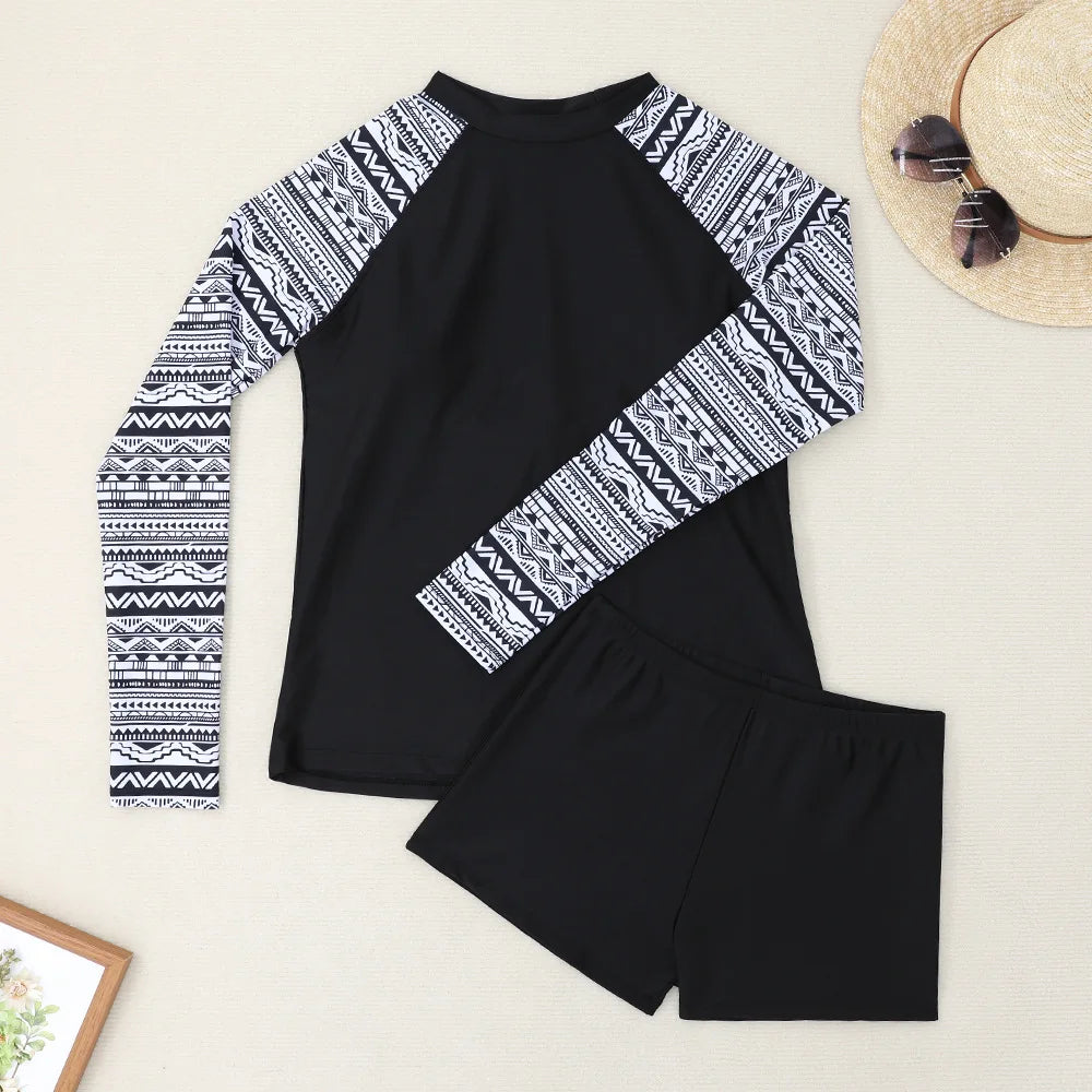 New Women Split Swimwear Long Sleeve Printed Bikini Sexy Surf Sports Swim Suit
