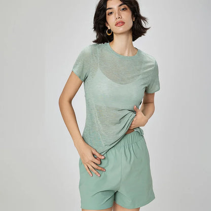 Aiithuug Breathable Mesh Yoga Short Sleeve Crisscross Back Yoga Short Sleeve Blouse Quick Dry Gym Shirt Casual Cutout Back Yoga