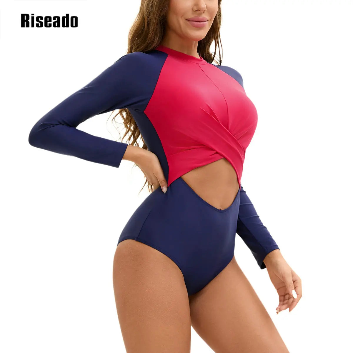 Women's Long Sleeve Rash Guard Cut Out One Piece Swimsuit Sun Protection Back Zipper Bathing Suit