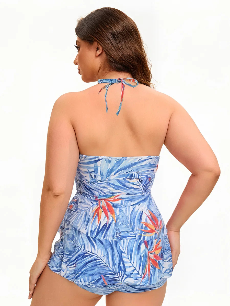 Women's Plus Size Tropical Print Skirted Two-Piece Swimsuit - Halter Top & Boyleg Bottom, Flattering Beach Swimwear for Vacation