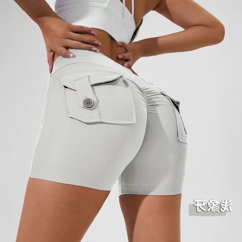 Scrunch Women Button Booty Pocket Sports Yoga Shorts Cycling Jogging Fitness High Waist Squat Proof Gym Active Leggings