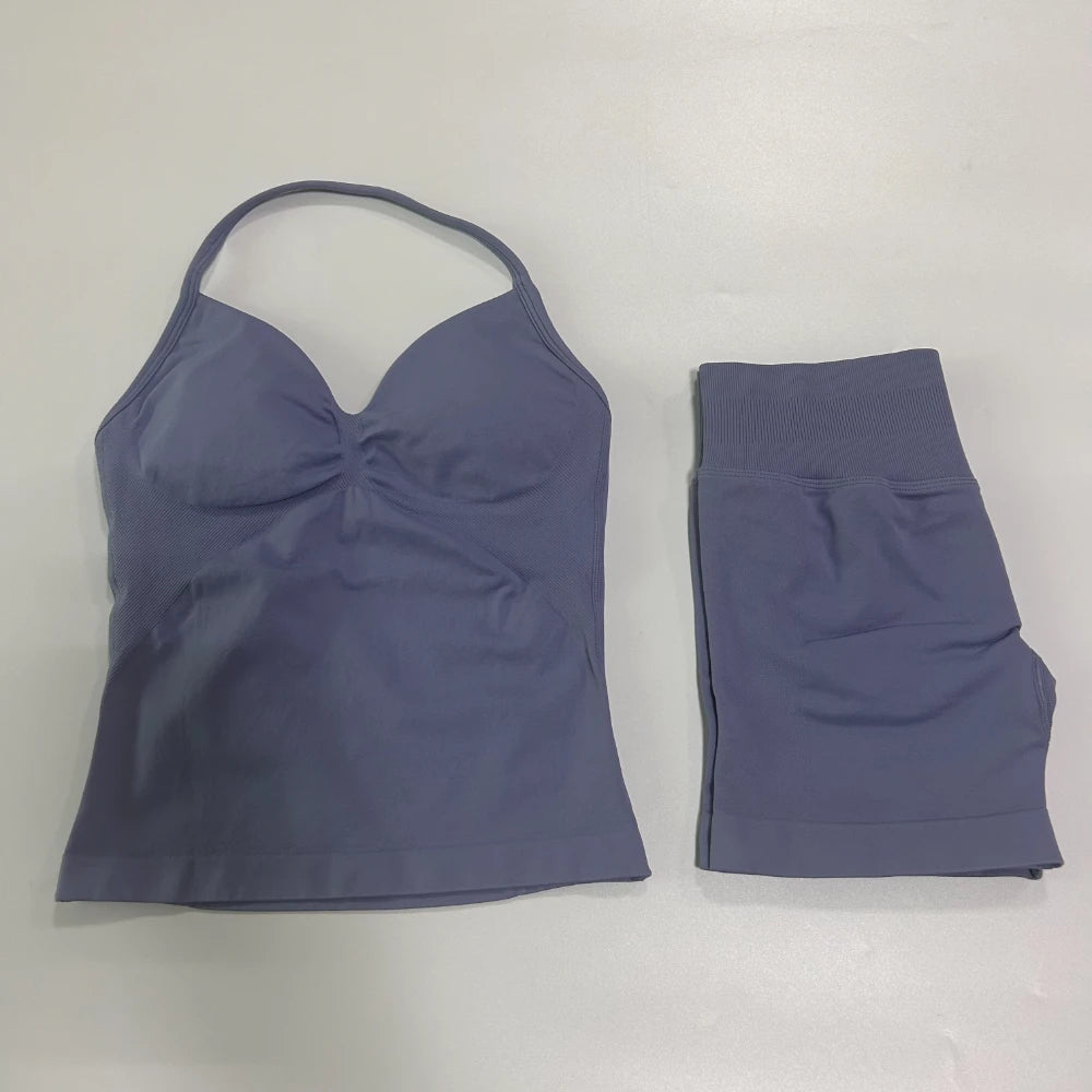 2Pcs Gym Set Women Backless Tank Tops High Waist Scrunch Seamless Shorts Gym Suit Fitness Clothes Activewear Workout Set