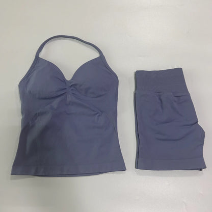 2Pcs Gym Set Women Backless Tank Tops High Waist Scrunch Seamless Shorts Gym Suit Fitness Clothes Activewear Workout Set