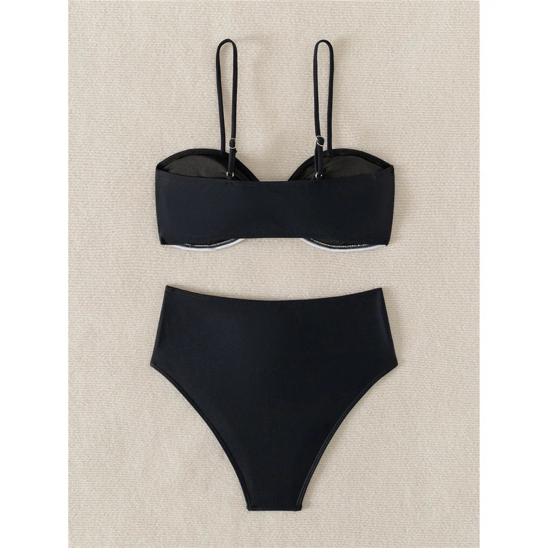 XS - L Splicing Metal Ring Female Swimsuit High Waist Bikini Women Swimwear Two-pieces Bikini set Bather Bathing Suit Swim