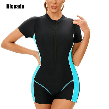 Short Sleeve Rash Guard Women Boyleg Sport One Piece Swimsuit Short Sleeve Athletic Swimwear Adult Bathing Suit for Training-Pool