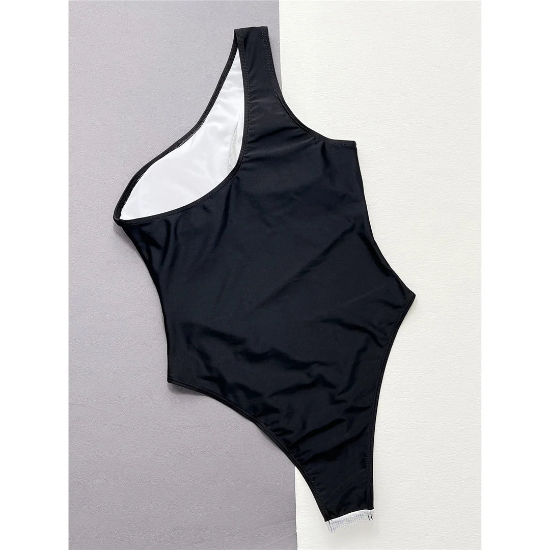 Splicing One Shoulder Shiny Sequins One Piece Swimsuit Women Swimwear Female Mesh Sheer High Cut Bather Bathing Suit Swim