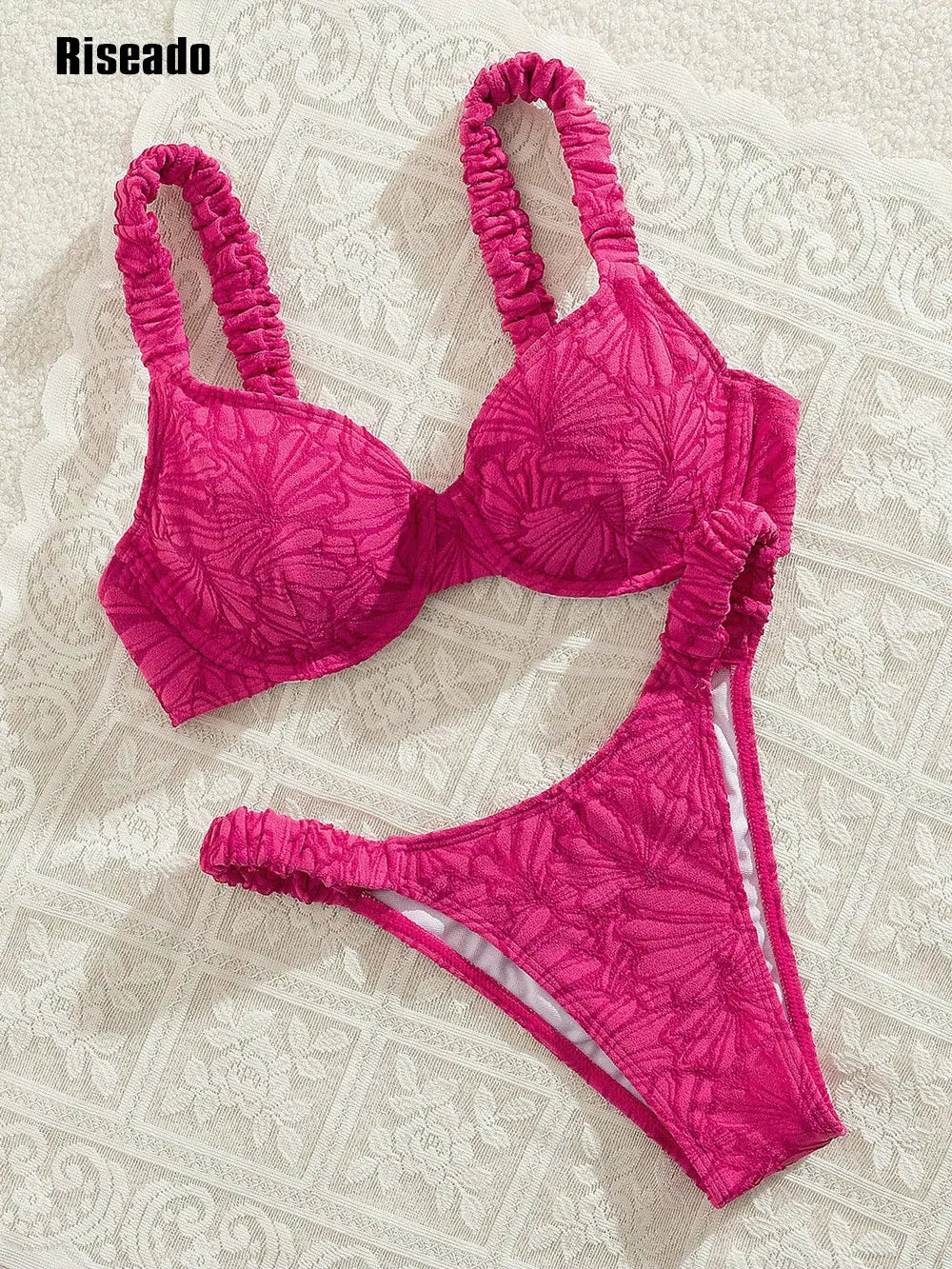 2 Pieces Rose Bikini Set Push Up Underwire Beachwear Vacation Swimsuit