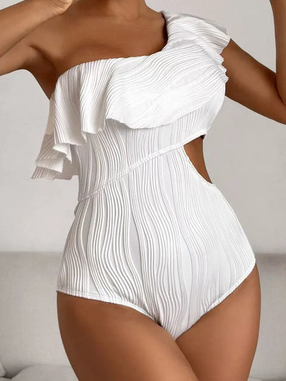 One Shoulder Solid Swimsuit Women One Piece Ruffle Ribbed Swimwear Female Hollow Bathers Bathing Swimming Suit Padded Beachwear
