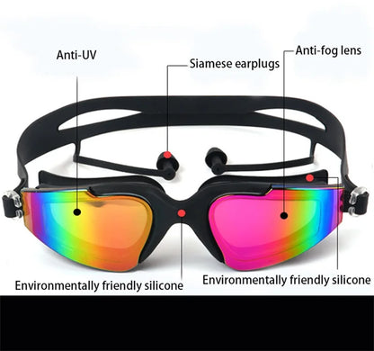 Professional Swimming Goggles for Men and Women, Silicone Anti-Fog, UV Adjustable, Multicolor Swimming Glasses with Earplug