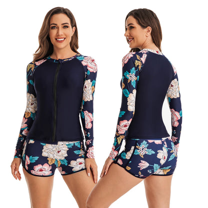 Women's Two Piece Long Sleeve Bathing Suits UV Protection Rash Guard Surfing Swimsuit Print Tankini Set Zip Padded Shirt+Shorts