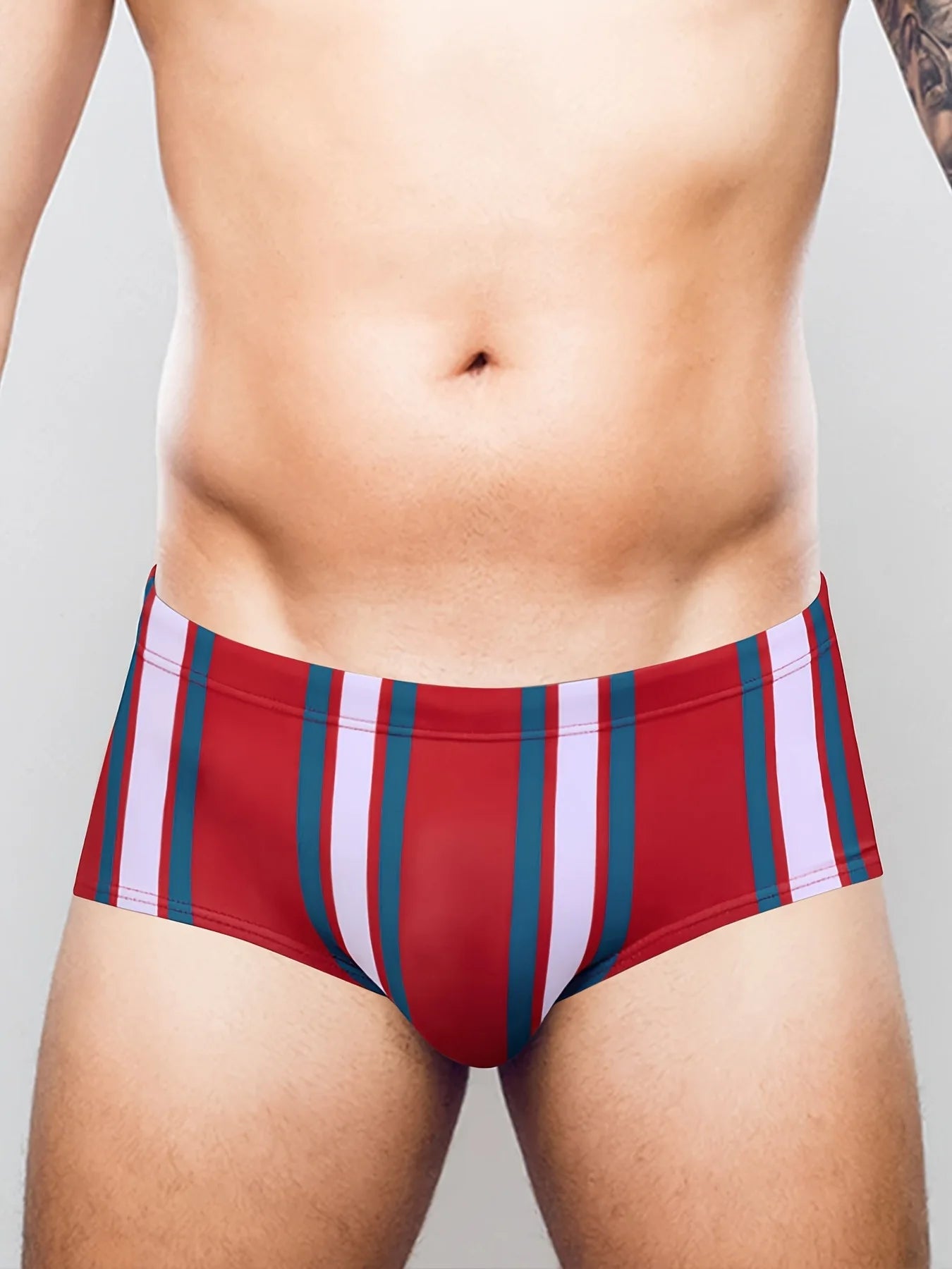 Men's Low Waist Stripe Triangle Color Block Swimming Suits Sporty Beach Thermal Swimwear Nylon Lycra Fabric Fitness