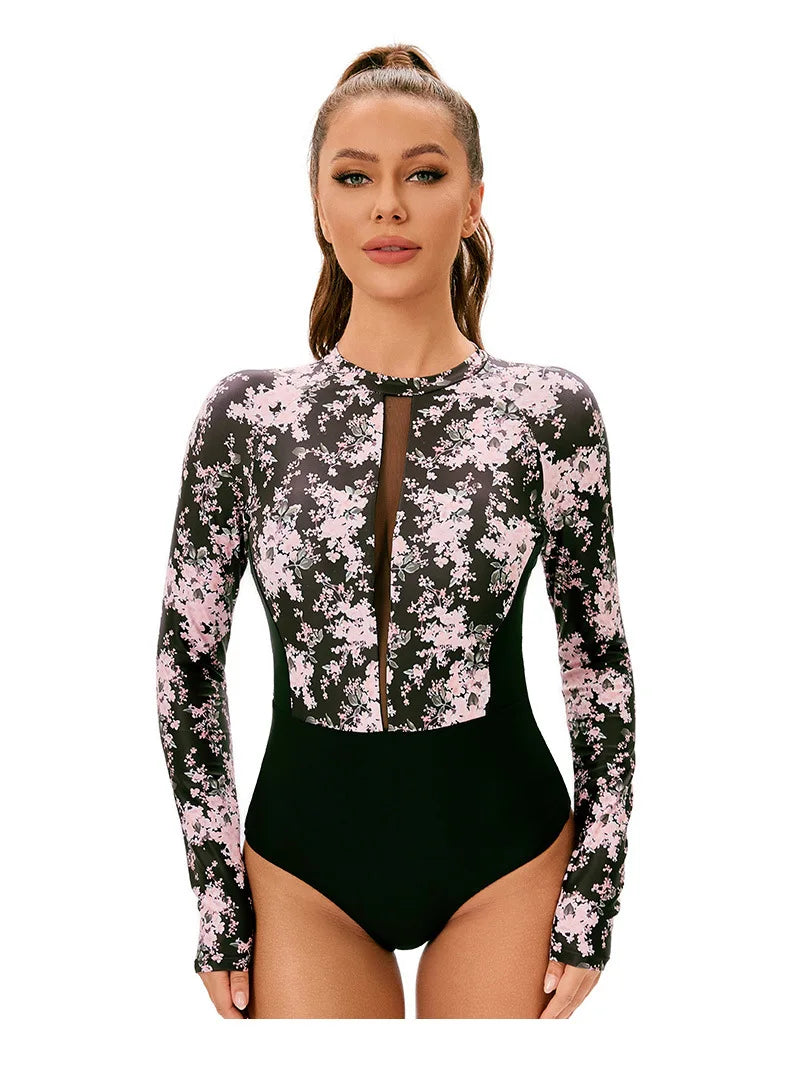 Floral Print Long Sleeve Rash guard Women's Sheer Mesh One-Piece Swimsuit for Surfing Bathers