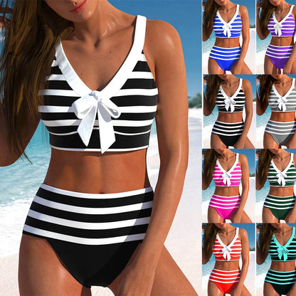 Women's Summer Two-piece Swimsuit with Black and White Printed Lace Up Casual Beach Swimsuit S-6XL