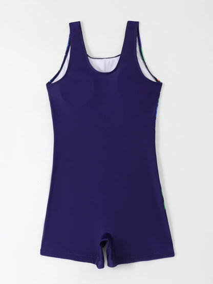 Women One-piece Sports Swimwear Sport Swimsuit Blue Print Athletic Boyleg Swimwear Open Back Beach Wear Fitness Bathing Suits
