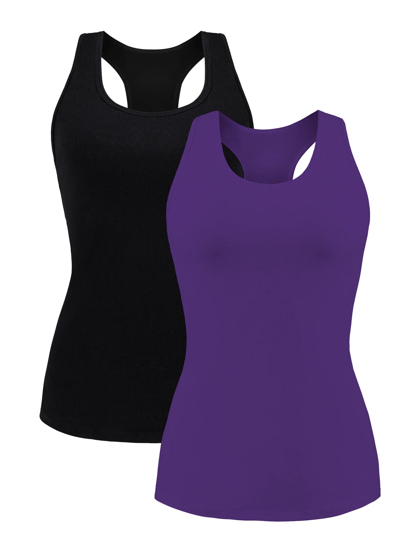 Attraco Women's Camisole 2PCS Cotton Solid with Build-in Shelf Bra Tank Tops U-Neck Soft Breathable Basic Sleepwear