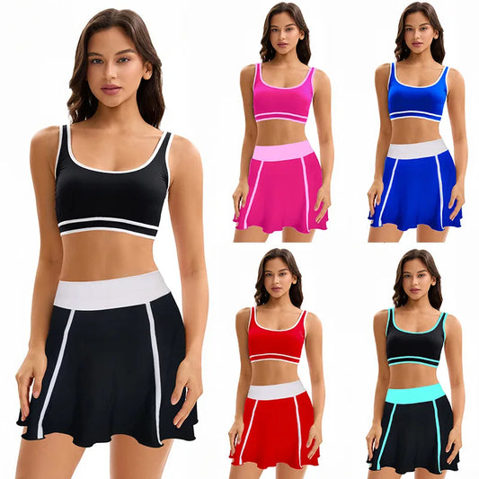 Three Pieces Swim Dress  Swimsuits for Women  Block Colors with Swim Skirt Tummy Control Bathing Suit Sprot Swimwear