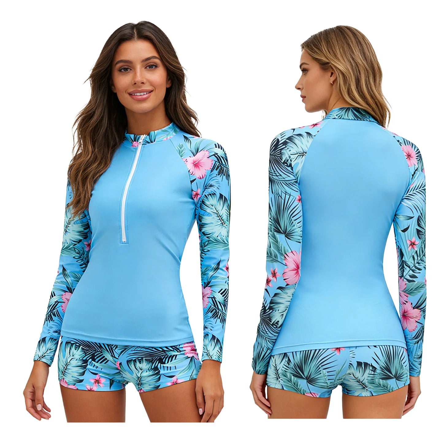 Women's Rash Guard Swimsuit Two Pieces Swimwear Floral Print Long Sleeve Half Zipper Top with Short Bathing Suit Swim Outfit