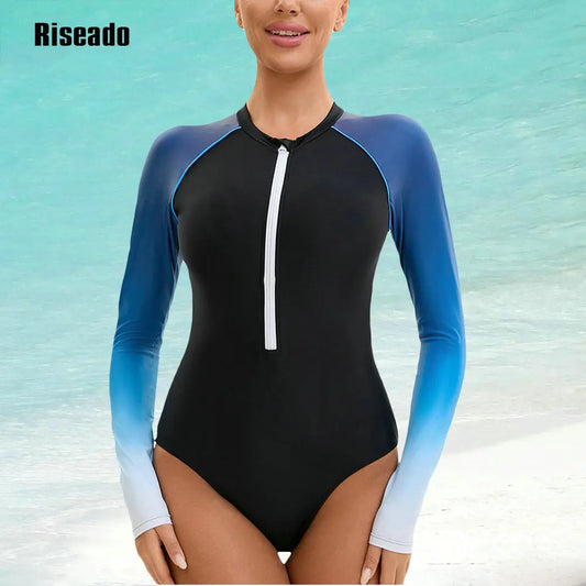 Women's Long Sleeve Gradient color Rash Guard UV Protection Zipper Printed Surfing One Piece Swimsuit Bathing Suit