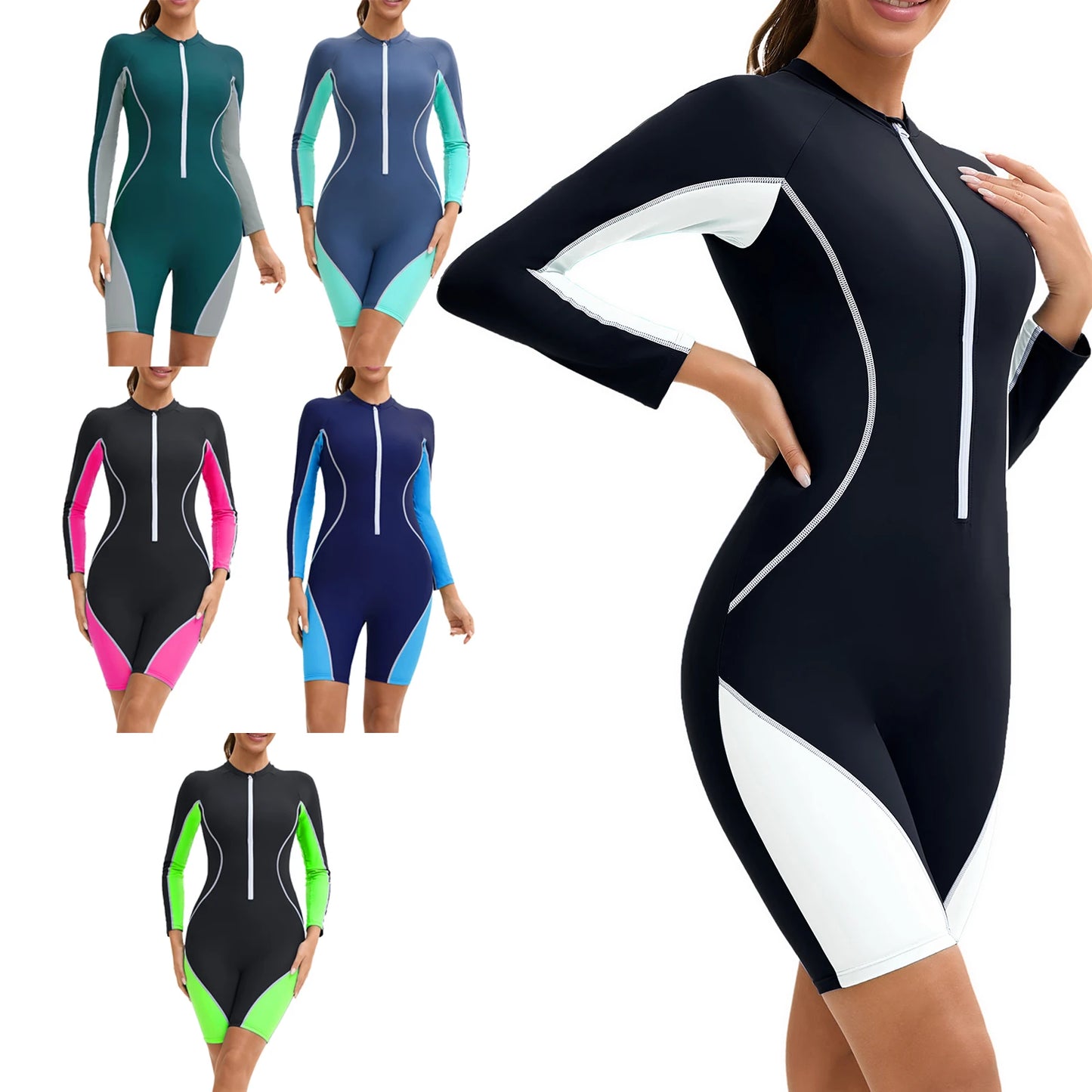 Women's Swim Leotard Long Sleeves Chest Pads Boyleg Shorty Bodysuit One-piece Athletic Swimsuit Color Block Swimwear Bathing Suit