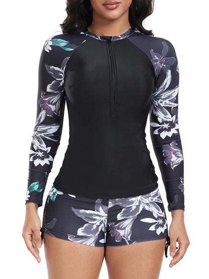Floral Long Sleeve Surfing Swimsuit Women Two Pieces Zipper Swimwear Female Bathers Bathing Swimming Swim Suit Beachwear