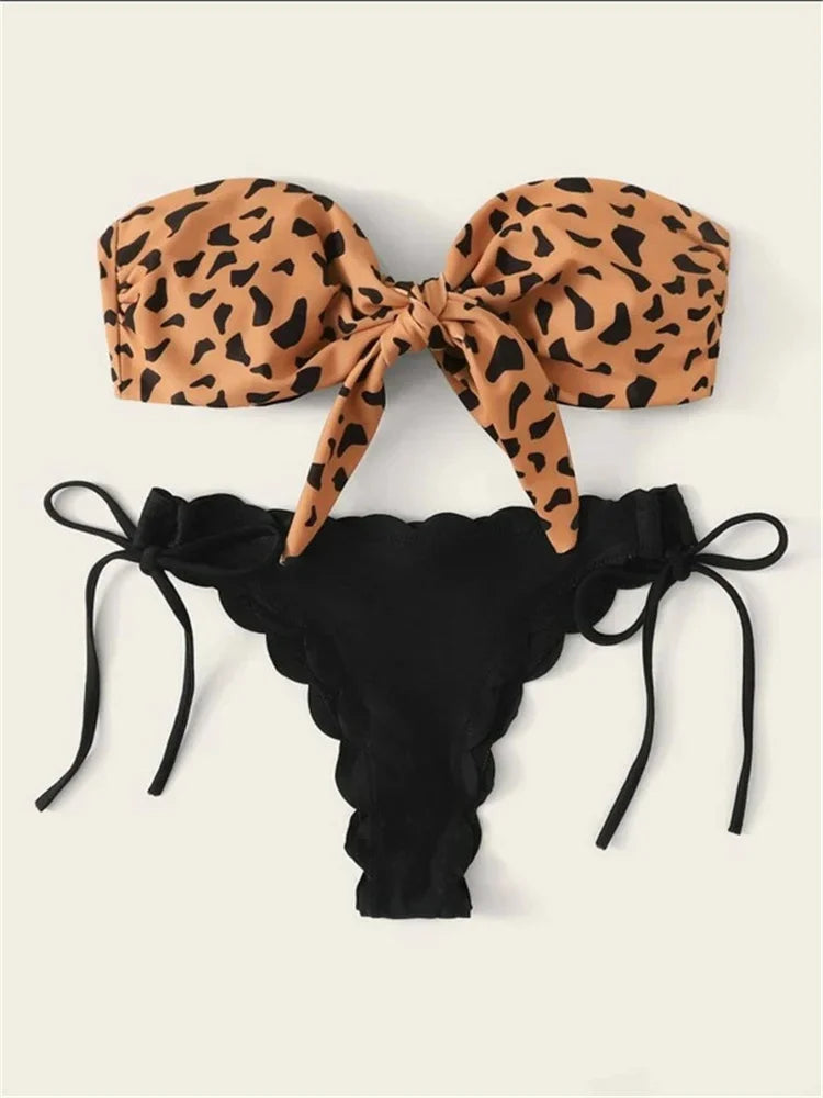Beach Bikini Woman Front Lace Up Tie Bandeau Leopard Swimsuit Female Push Up Ruffled Bow Bathing Suit Thong Swimwear