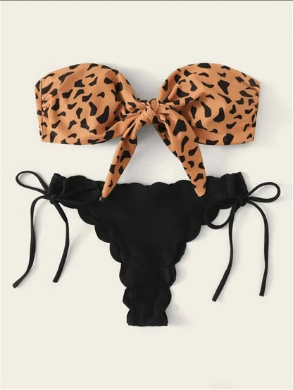 Beach Bikini Woman Front Lace Up Tie Bandeau Leopard Swimsuit Female Push Up Ruffled Bow Bathing Suit Thong Swimwear