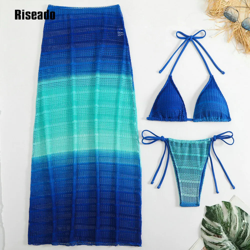 Women's Halter Neck Cut Out 3 Pieces Swimwear Sexy Bikini Set with Mesh Maxi Skirt ,Pool Party Outfit