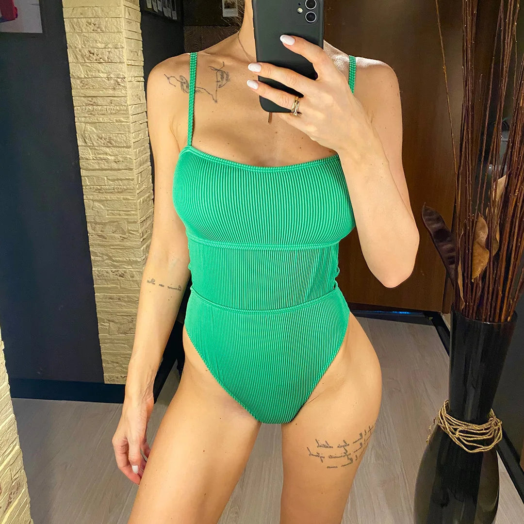 S - XL 11 Colors Ribbed Cut Out One Piece Swimsuit Women Swimwear Female High Leg Cut Padded Bather Bathing Suit Swim Lady