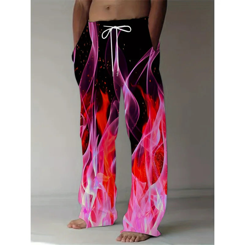 Men's Casual Pants Dynamic 3D Flame Print Straight Leg Casual Pants Waist Retro Style Street Wear