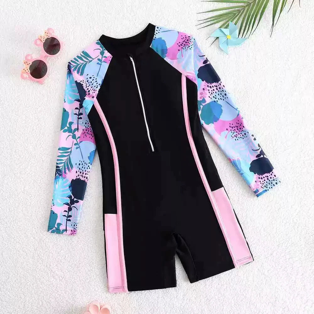 Rash Guard Printed Girls Swimsuit One Piece Zipper Kids Swimwear Female Children's Bathing Swimming Swim Surf Suit 8Y-12Y