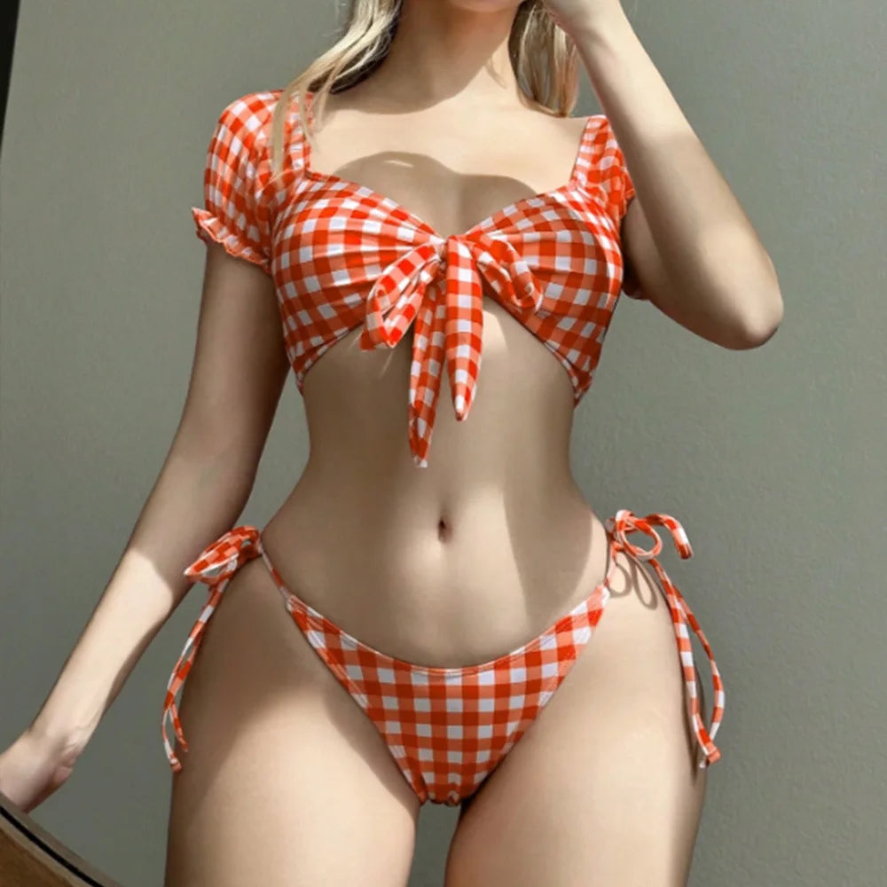 Checkered Two-Piece Swimsuit Bikini Girl Plaid Tie Swimwear Beach Vacation Swimsuit for Women