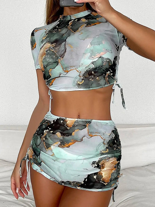 4 Pieces Halter Bikini Swimsuit With Marble Print Cover Up Swimwear Female Beachwear Bathing Swimming Suit Women Summer