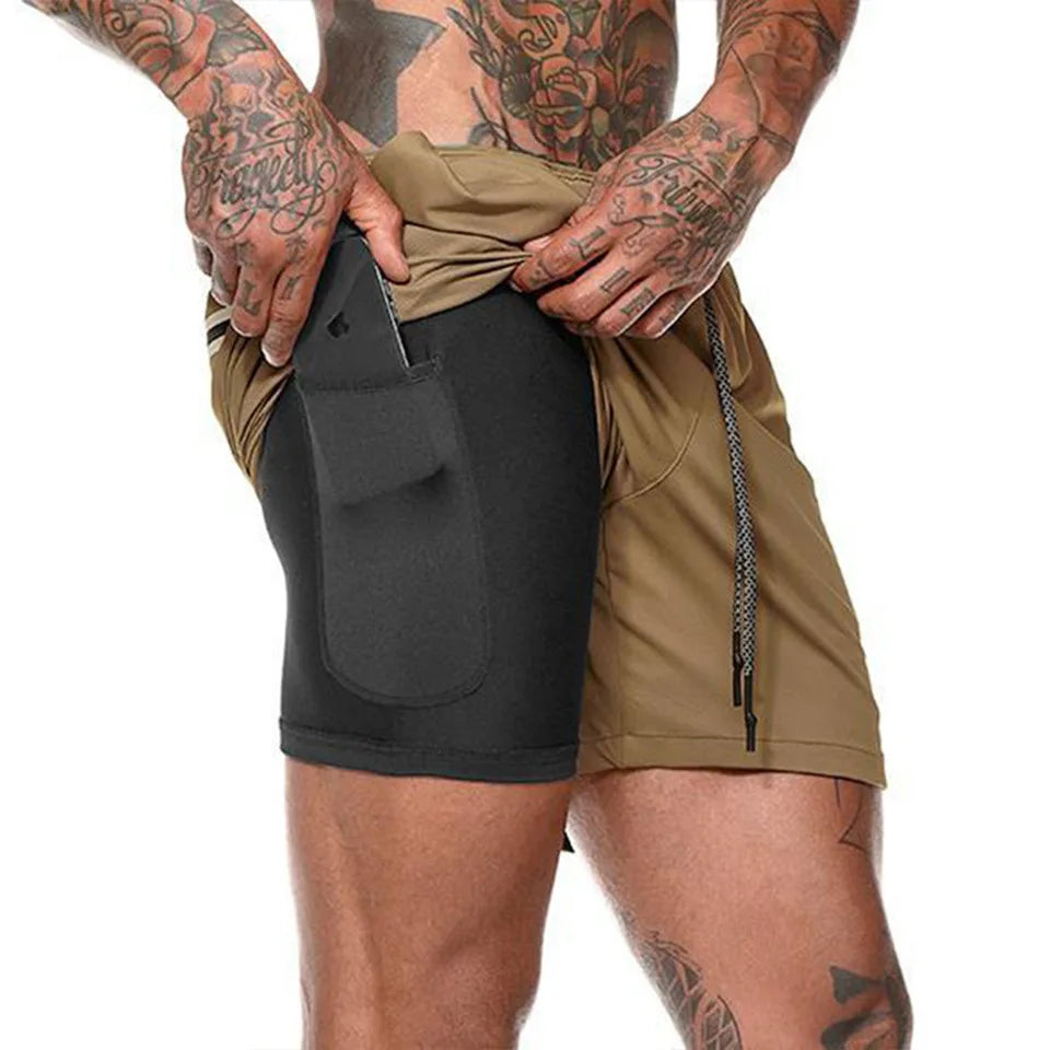 European Men's Sports Summer Double Layer Mobile Phone Pants Gym Exercise Jogging Training Shorts