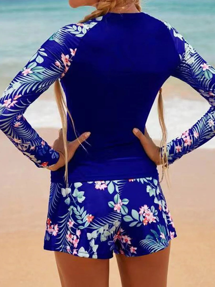 Long Sleeve Surfing Swimsuit Print Swimwear Women Two Pieces Diving Clothes Beachwear Bathing Swimming Swim Suit