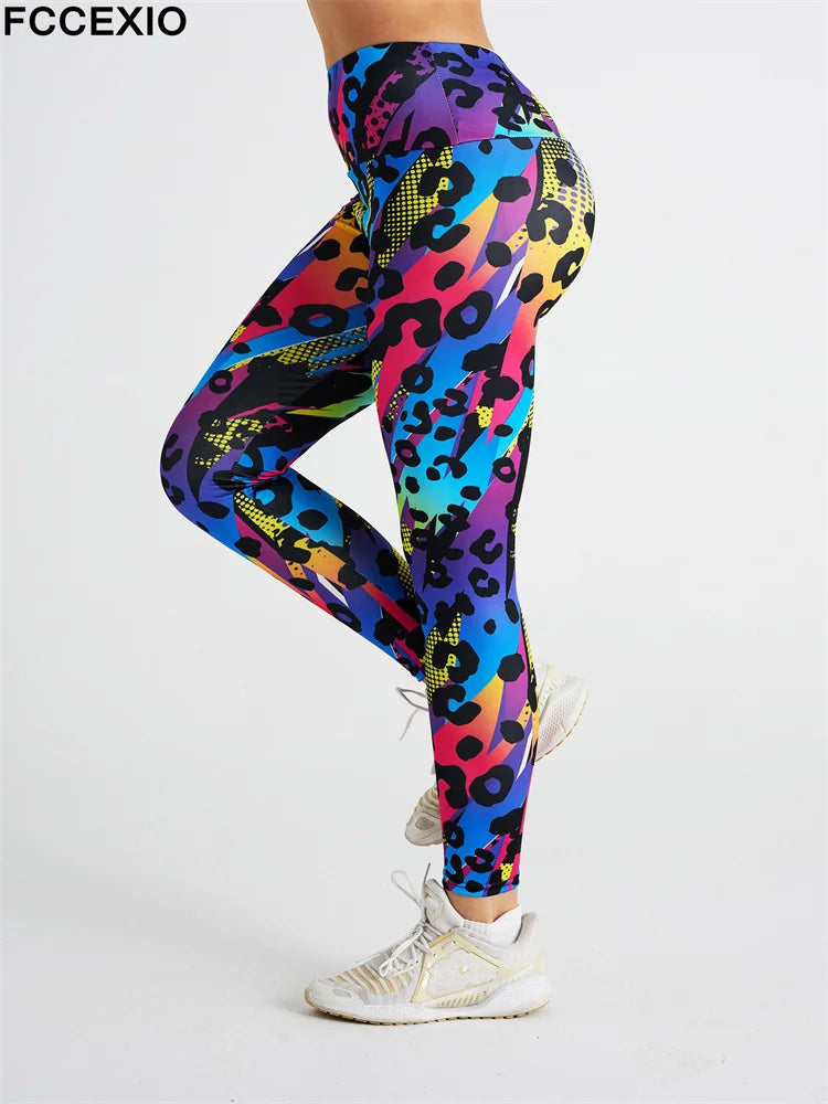 FCCEXIO Pink Leopard 3D Print Women Pants Push Up Running Sports Leggings Slim Pants Female Casual Trousers Fitness Leggings