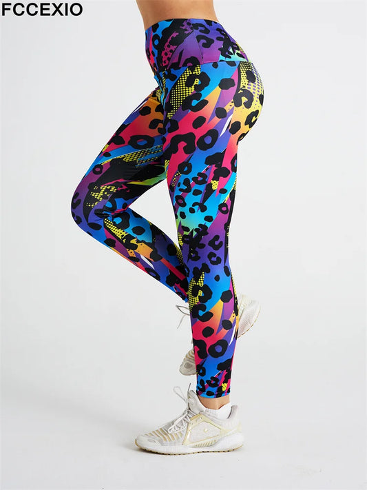 FCCEXIO Pink Leopard 3D Print Women Pants Push Up Running Sports Leggings Slim Pants Female Casual Trousers Fitness Leggings