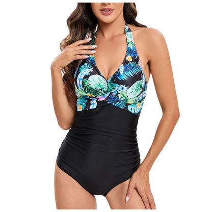 Tummy Control Swimsuit Summer Swimwear Women Biquini Cross Front Halter Neck Ruched Backless Color Block Bathing Suit