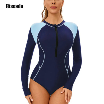 Women's Long Sleeve Rash Guard UV Protection Zipper Printed Surfing One Piece Swimsuit Swimming Beach Wear Bathing Suit