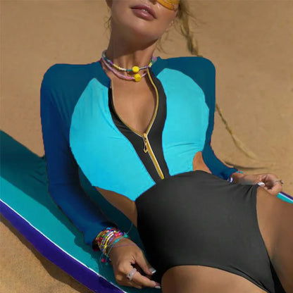 Patchwork One-Piece Swimsuit Long Sleeve Swimwear Sports Backless Women's Swimming Bathing Suit Beach Wear Bather Surfing