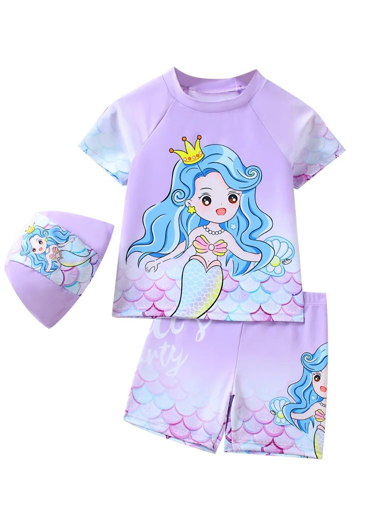 Girls Kids Swimsuit Purple Mermaid Short Sleeve Children Swimwear Summer 2 Piece Shorts Beachwear Bathing Suit Swimming