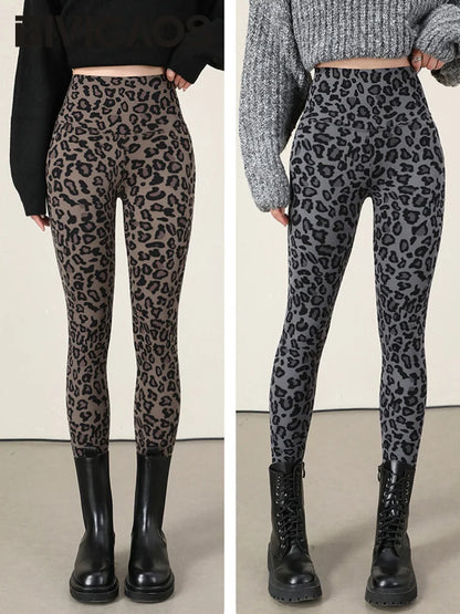 Thin Velvet Fashion Leopard Sharkskin Leggings Women High Waisted Slim Tight Warm Leggings