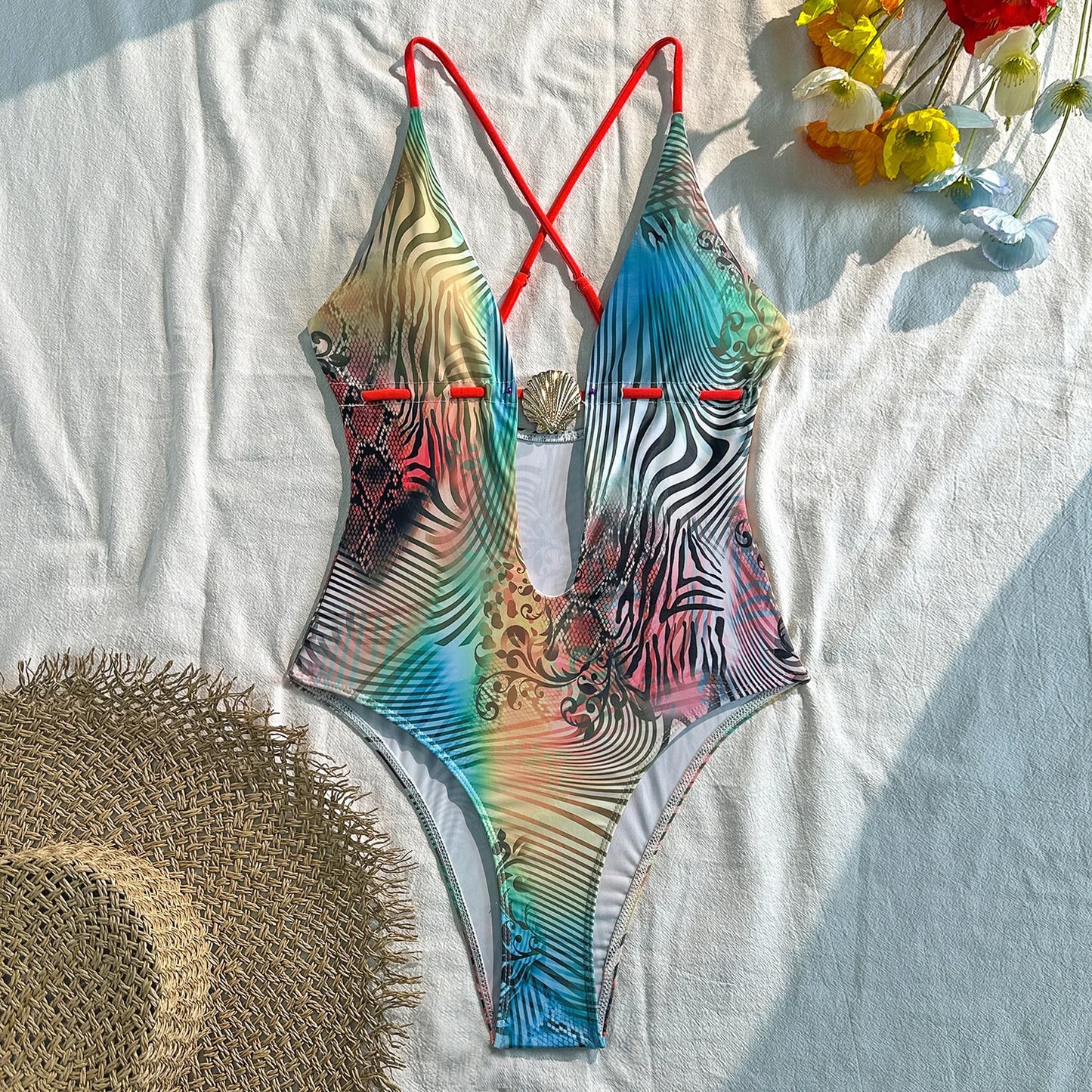 Colorful Gradient One Piece Swimwear Women Metal Shell V Neck Back Cross Holiday Swimsuit Summer Bathing Suit Monokini