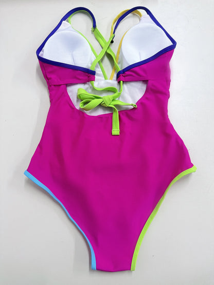 V-neck Strappy Swimsuit Women One Piece Solid Back Cross Swimwear Female Bathers Bathing Swimming Swim Suit Beachwear XXL