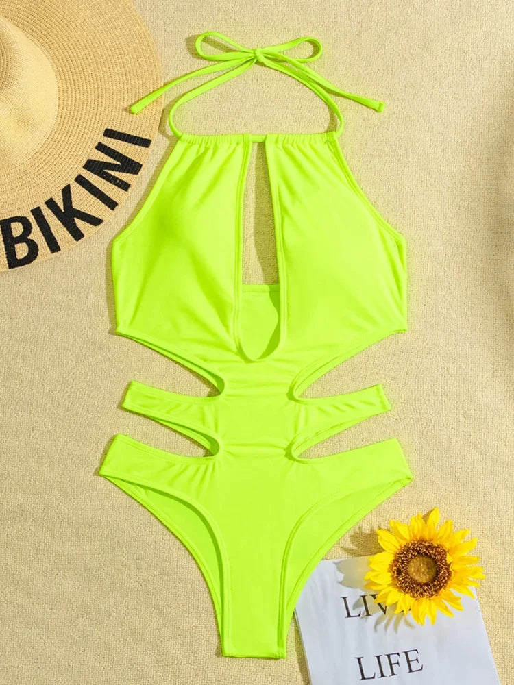 Neon Colours Halter Women Swimwear One Piece Swimsuit Female Hollow Out Monokini Bather Bathing Suit Summer Beach Wear Bodysuit